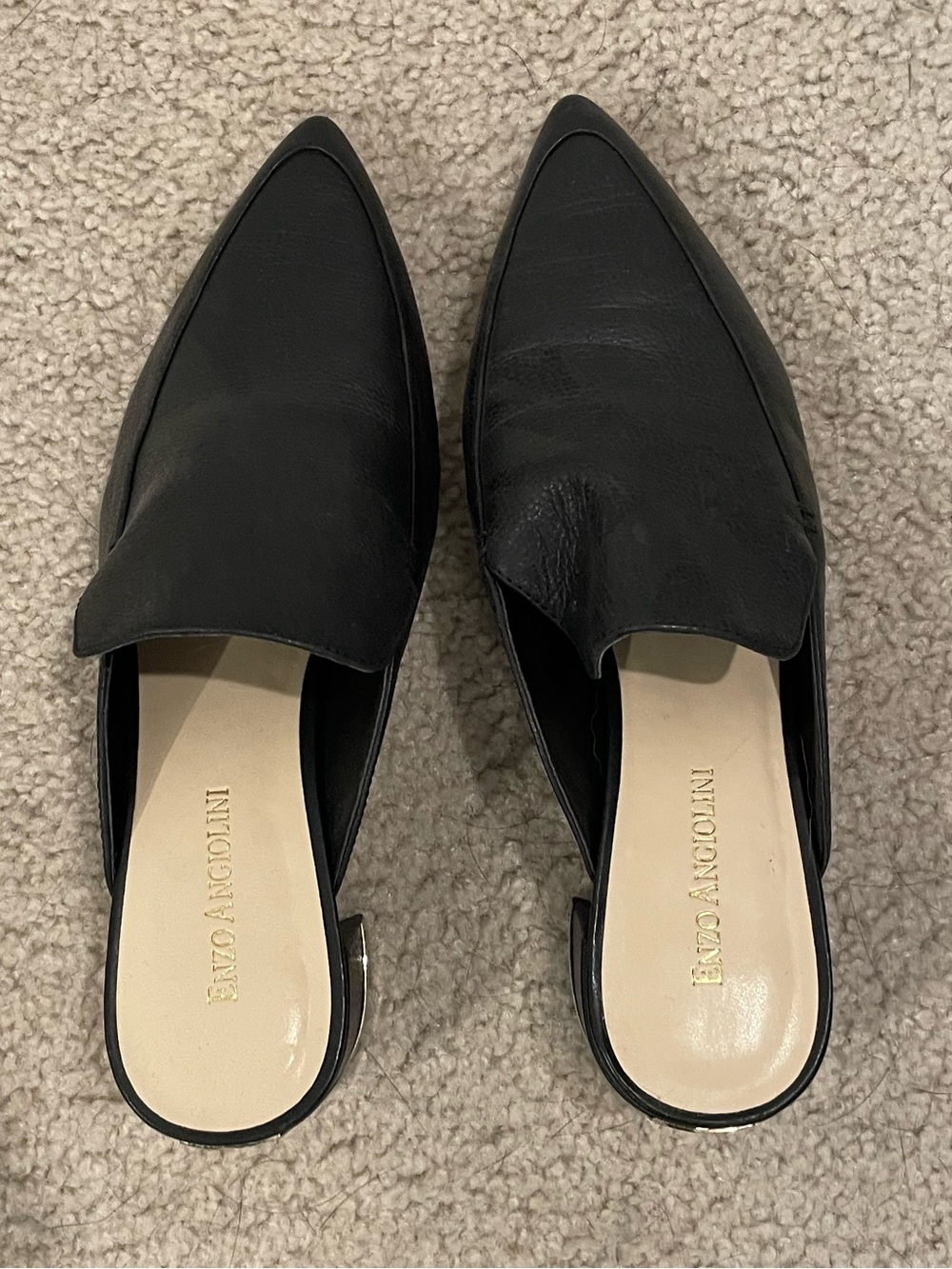 Enzo Angiolini Black Pointed-Toe Leather Mule With Metallic Heel